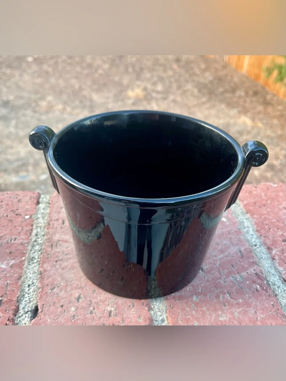 Vintage Black Glass Ice Bucket with Scroll Handles